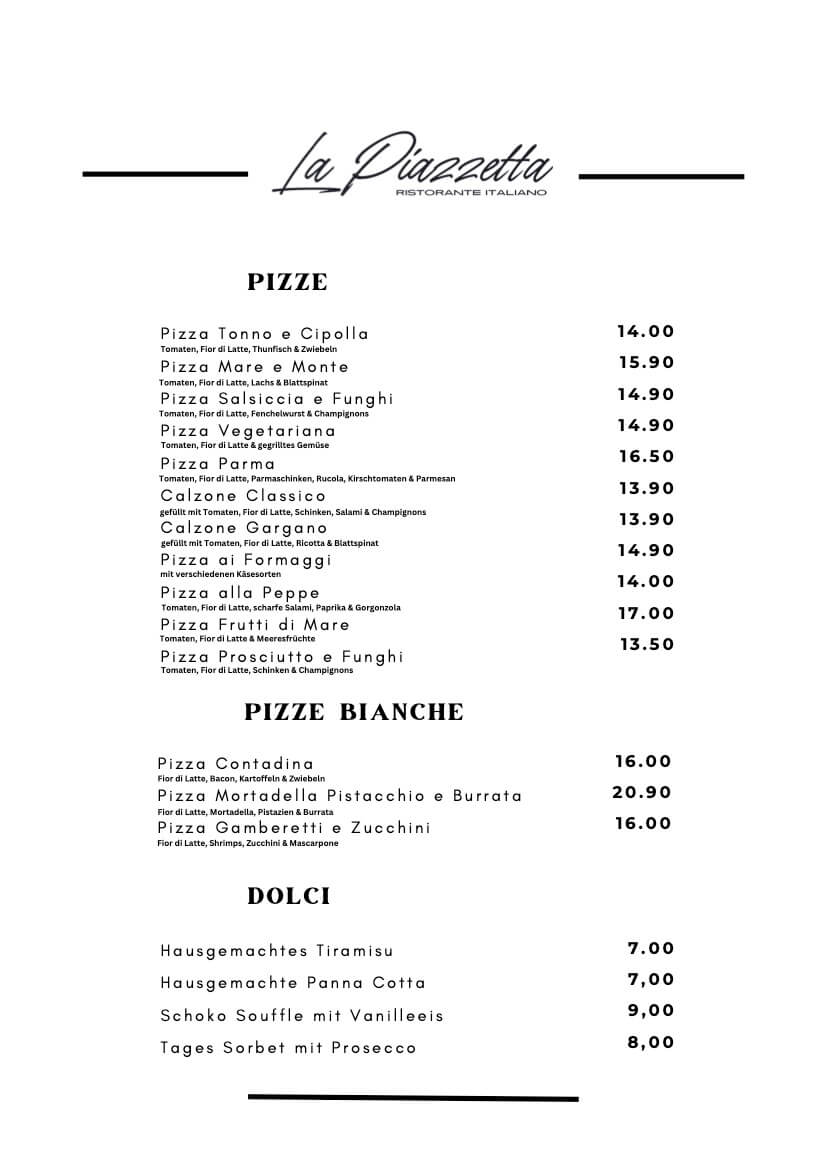 La Piazzetta Flein Speisekarte Pizze, Pizze Bianche, Dolci