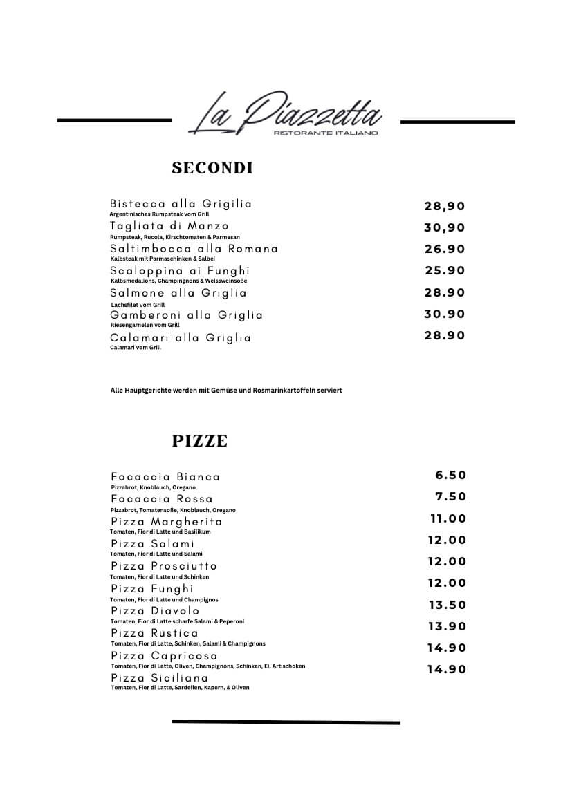La Piazzetta Flein Speisekarte Secondi Pizze
