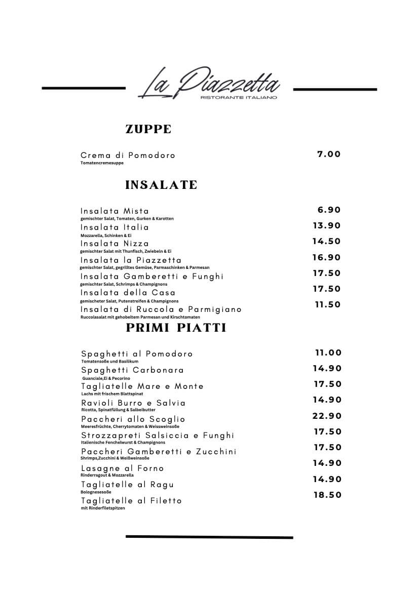 La Piazzetta Flein Speisekarte Zuppe-Insalate Primi Piatti